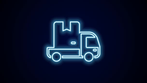 Brillante línea de neón entrega camión de carga icono del vehículo aislado sobre fondo negro. Animación gráfica de vídeo 4K. - Metraje, vídeo