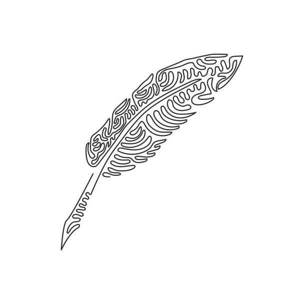 Single one line drawing vintage Feather quill pen logo with black ink stroke, scratch icon, classic stationery illustration. Swirl curl style. Continuous line draw design graphic vector illustration - Vector, Image