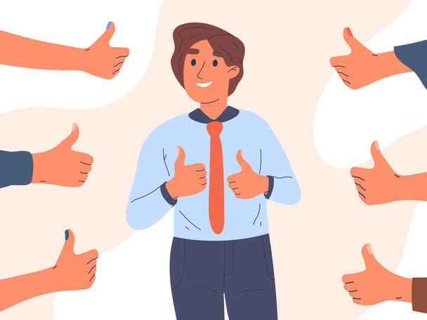 Male person positive approval. Man with thumbs up surrounded public positive respect opinion, acceptance, flat vector illustration isolated on white background - Vector, Image