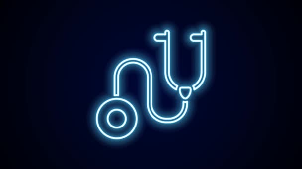 Leuchtendes neonfarbenes Stethoskop-Symbol für medizinische Instrumente isoliert auf schwarzem Hintergrund. 4K Video Motion Grafik Animation. - Filmmaterial, Video
