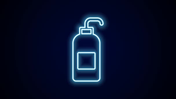 Ligne lumineuse au néon Bouteille de savon liquide antibactérien avec icône distributeur isolée sur fond noir. Antiseptique. Désinfection, hygiène, soin de la peau. Animation graphique de mouvement vidéo 4K. - Séquence, vidéo