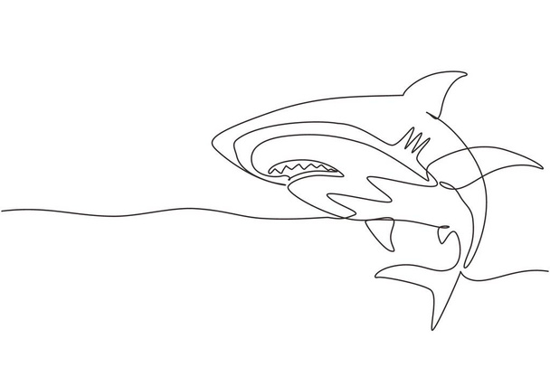 Single one line drawing sharks fish. Shark animals, scary jaws and ocean swimming angry sharks. Marine predator fish or sea sharks creatures character. Continuous line draw design graphic vector - Vector, Image