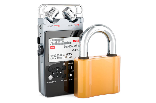 Digital voice recorder with padlock, 3D rendering isolated on white background - Photo, Image