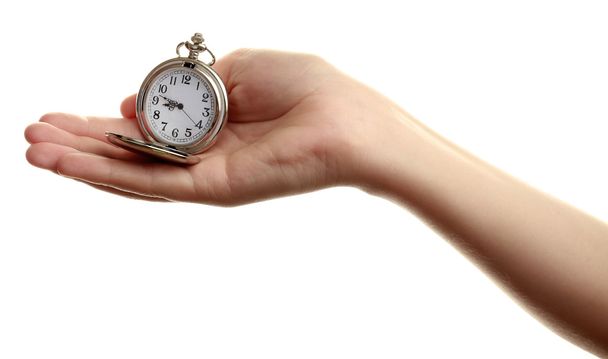 Stříbrné kapesní hodiny v ruce izolované na bílém - Fotografie, Obrázek