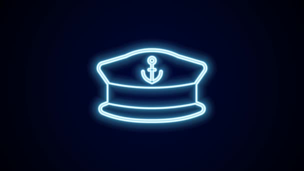 Gloeiende neon lijn Kapitein hoed pictogram geïsoleerd op zwarte achtergrond. 4K Video motion grafische animatie. - Video