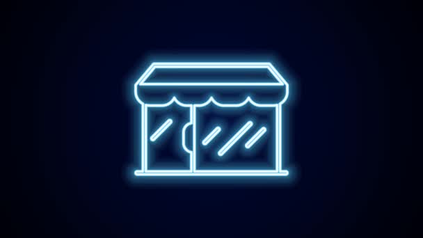 Leuchtende Neon-Linie Einkaufsgebäude oder Marktladen-Symbol isoliert auf schwarzem Hintergrund. Ladenbau. 4K Video Motion Grafik Animation. - Filmmaterial, Video