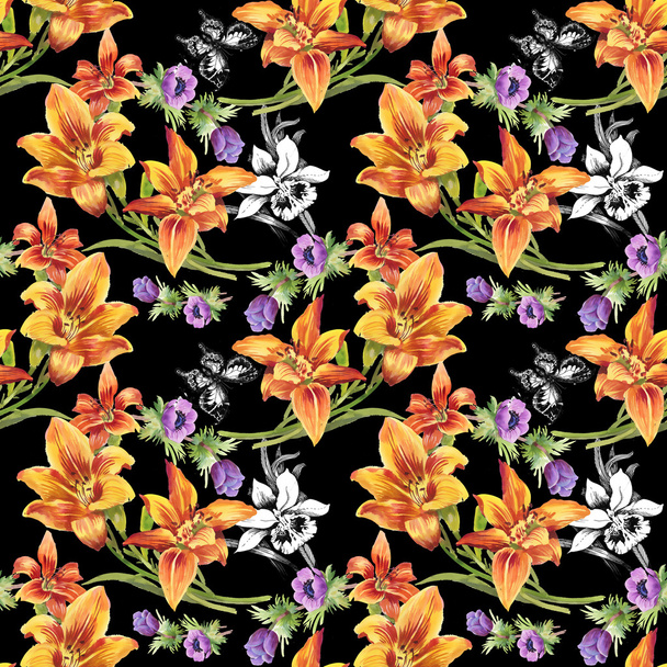 Colorful floral pattern with butterflies - Photo, Image