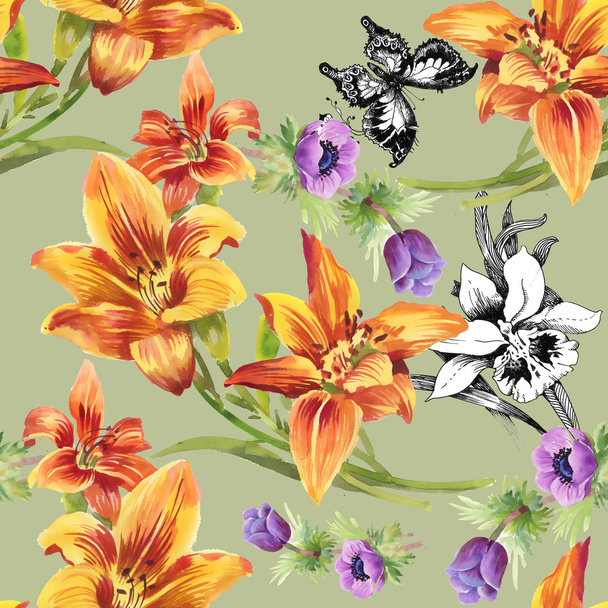 Colorful floral pattern with butterflies - Foto, Imagem