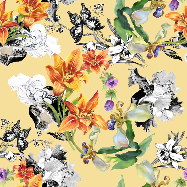 Colorful floral pattern with butterflies - Fotoğraf, Görsel