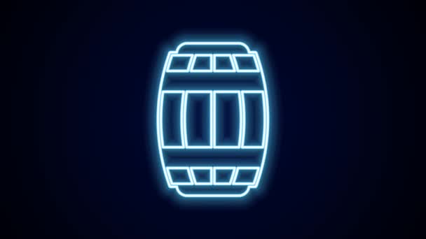 Gloeiende neon lijn Houten vat pictogram geïsoleerd op zwarte achtergrond. Alcoholvat, drinkbak, houten vat voor bier, whisky, wijn. 4K Video motion grafische animatie. - Video
