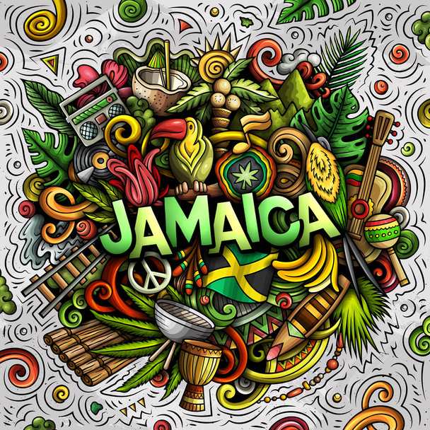 Jamaica cartoon doodle illustration. Funny design. Creative raster background. Handwritten text with Jamaican elements and objects. Colorful composition - Photo, Image