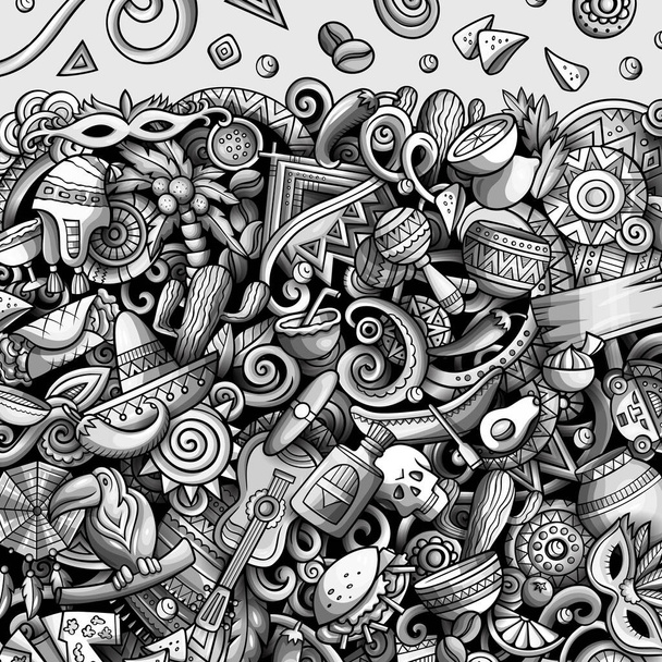 Desenhos animados doodles bonito mão desenhada latinamerican frame design. Ilustração engraçada de raster. Fronteira monocromática com itens temáticos da América Latina - Foto, Imagem