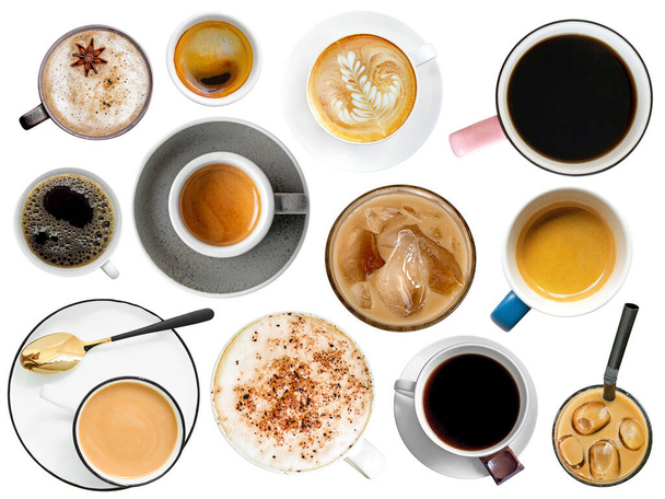 Állítsa be a kávé csésze elszigetelt fehér háttér, felső nézet kávé menü gyűjtemény - Fotó, kép