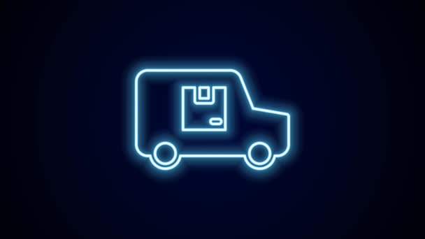 Gloeiende neon lijn Levering vrachtwagen voertuig pictogram geïsoleerd op zwarte achtergrond. 4K Video motion grafische animatie. - Video