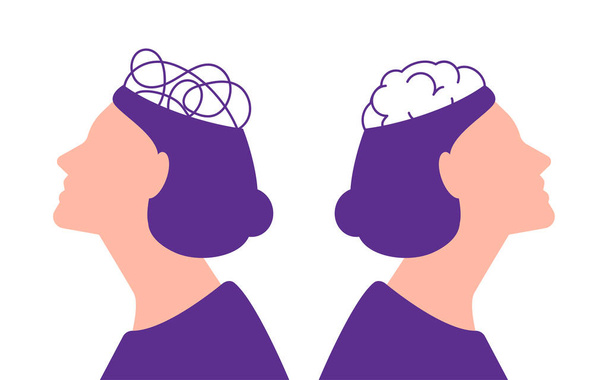 психического здоровья. Два женских портрета с запутанными мыслями и мозгом на белом фоне - Вектор,изображение