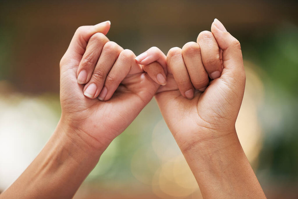 Hände, Vertrauen und Versprechen von Freundinnen für das Versprechen intimer Geheimnisse, Geständnisse und Bindungen. Pflege, Unterstützung und pinkfarbenes Versprechen für einen vertraulichen Moment zusammen mit dem Natur-Bokeh-Effekt Zoom - Foto, Bild