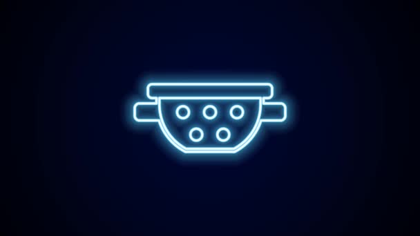 Glowing neon line Kitchen colander icon isolated on black background. Cooking utensil. Cutlery sign. 4K Video motion graphic animation. - Footage, Video