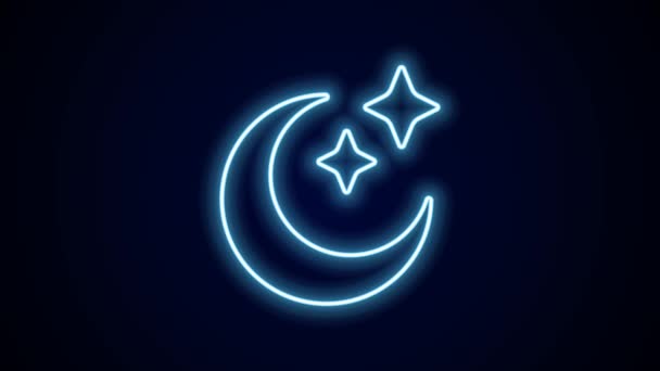 Parlayan neon hattı Ay ve yıldız simgesi siyah arkaplanda izole edildi. Bulutlu gece işareti. Uyku rüyalarının sembolü. Dolunay. Gece ya da yatak zamanı tabelası. 4K Video hareketli grafik canlandırması. - Video, Çekim