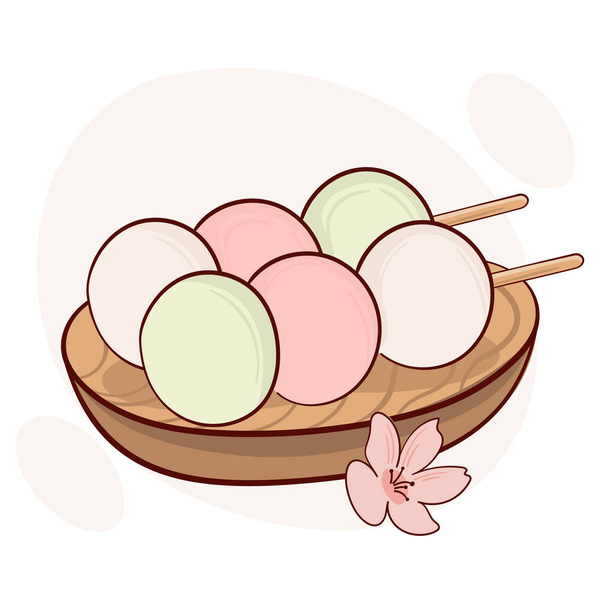 Намалюйте кумедну японську традицію солодкого саншоку данґо три кольорові векторні ілюстрації. Японська традиційна їжа, приготування їжі, меню. Карикатурний стиль. - Вектор, зображення