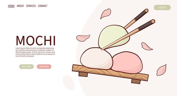 Web Page Draw fJapan tradice sladké mochi vektorové ilustrace. Japonské tradiční asijské jídlo, vaření, pojetí menu. Banner, web, reklama v kresleném stylu.  - Vektor, obrázek