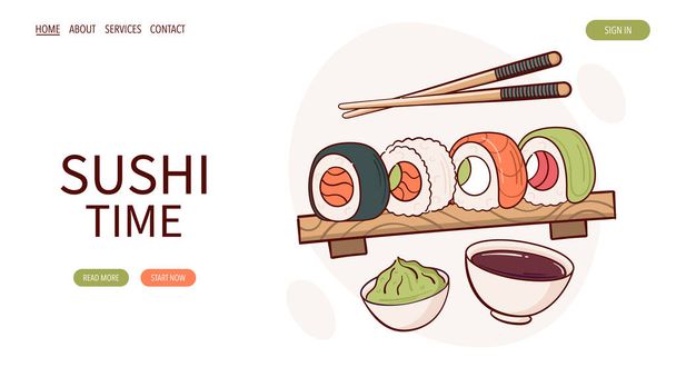Web Page Draw nigiri sushi roll vector illustration Японська традиційна їжа, приготування їжі, меню. Банер, веб-сайт, реклама в стилі мультфільмів..  - Вектор, зображення