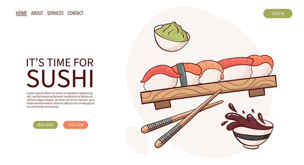 Página Web Desenhe nigiri sushi roll vector illustration. Japonês asiático comida tradicional, cozinhar, conceito de menu. Banner, site, publicidade no estilo de desenho animado doodle.. - Vetor, Imagem