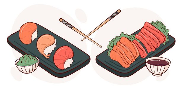 Рисовать сашими нигири сырой рыбы векторной иллюстрации. Японская традиционная кухня, кулинария, концепция меню. Карикатурный стиль Дудла. - Вектор,изображение