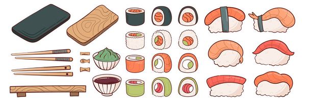Нарисуйте большой набор суши рулон нигири с векторной иллюстрацией палочками для еды. Японская традиционная кухня, кулинария, концепция меню. Карикатурный стиль Дудла. - Вектор,изображение