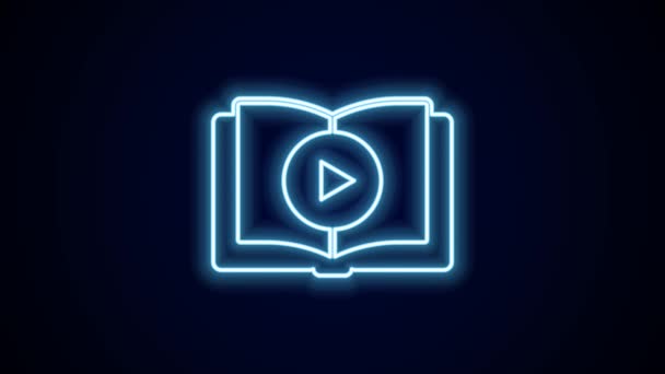 Gloeiende neon lijn Audio book icoon geïsoleerd op zwarte achtergrond. Speel knop en boek. Geluidsgeleidingsbord. Online leerconcept. 4K Video motion grafische animatie. - Video