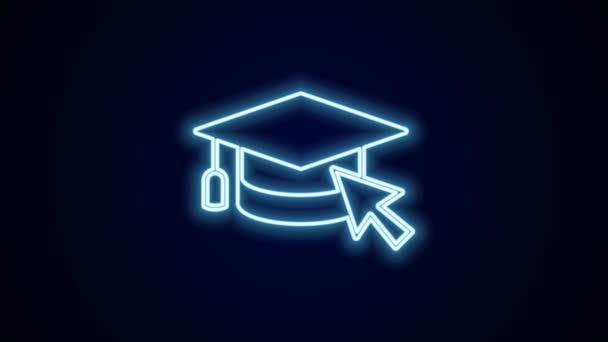 Leuchtende Leuchtmütze mit Cursor-Symbol auf schwarzem Hintergrund. Weltbildungssymbol. Online-Lernen oder E-Learning-Konzept. 4K Video Motion Grafik Animation. - Filmmaterial, Video