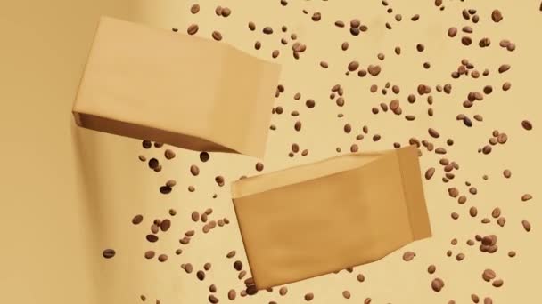 Brown paper pouch bags levitating coffee beans 3D animation vertical 4K beige design. Floating merchandise packaging logo promo. Blank kraft product pack template Shop delivery sale discount marketing - Footage, Video