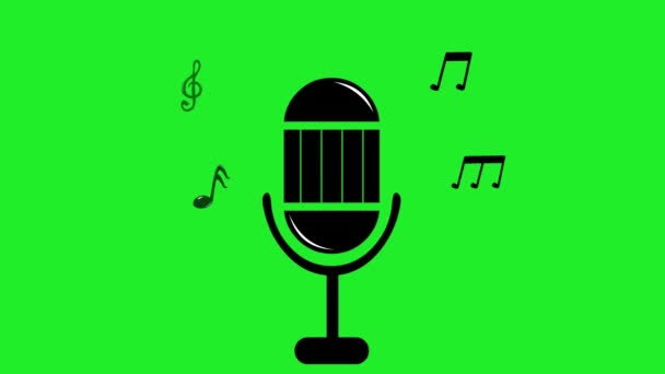 animazione di icona di un microfono con note musicali, su uno sfondo di chiave cromata verde - Filmati, video