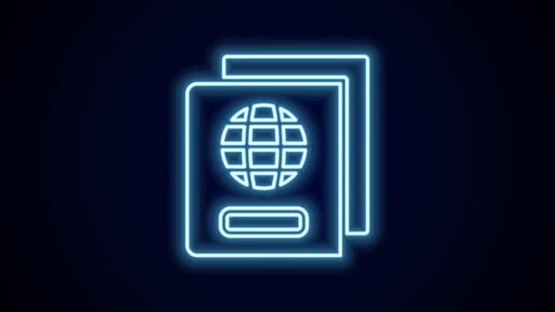 Siyah arkaplanda izole edilmiş biyometrik veri simgesiyle parlayan neon hattı pasaportu. Kimlik belgesi. 4K Video hareketli grafik canlandırması. - Video, Çekim