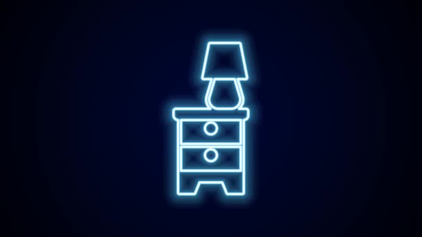Leuchtender Neon Line Möbel Nachttisch mit Lampensymbol isoliert auf schwarzem Hintergrund. 4K Video Motion Grafik Animation. - Filmmaterial, Video