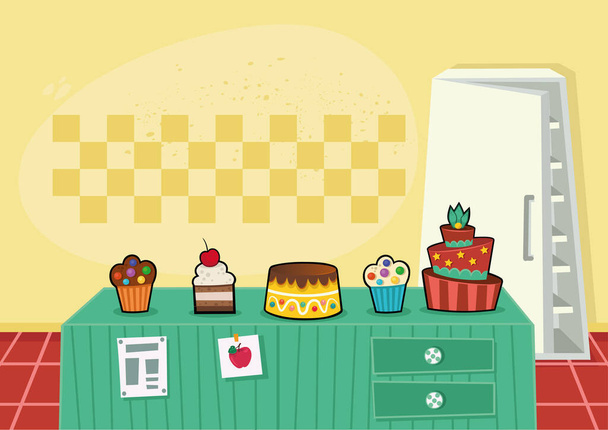 Bakery products on kitchen counter. Vector illustration. - Vektör, Görsel