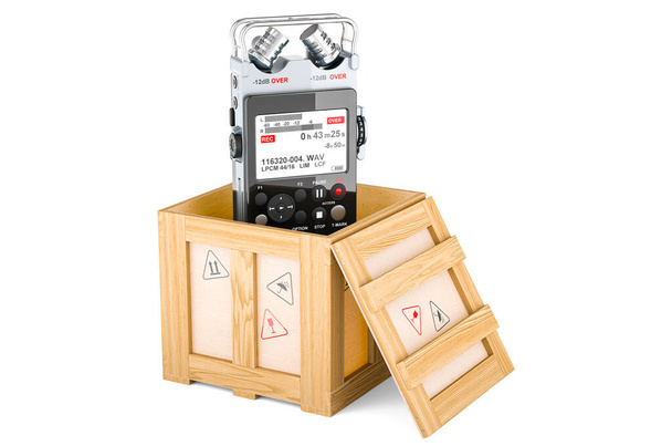 Digital voice recorder inside wooden box, delivery concept. 3D rendering isolated on white background - Photo, Image