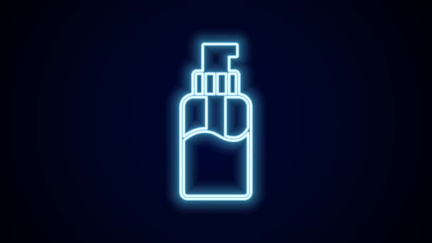 Glowing neon line Bottle of liquid antibacterial soap with dispenser icon isolated on black background. Disinfection, hygiene, skin care concept. 4K Video motion graphic animation. - Footage, Video
