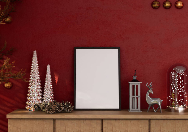 ギフトボックス、雪のアイコン、松、トウヒ、モミ、赤い壁の背景に棚の上に幸せな新年や冬のバナーデザイン創造的なコンセプト。スペーステキスト写真フレームをコピーします。3Dレンダリング図. - 写真・画像