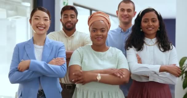 Diversity, team arms crossed and leadership for collaboration, confidence or marketing campaign in modern office. Teamwork, staff or management with smile, group project or solidarity for advertising. - Footage, Video