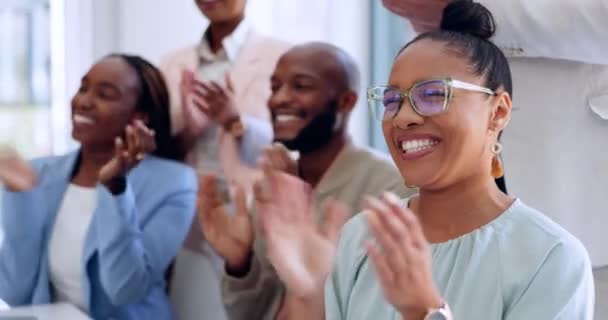Business people, success or clapping in office presentation, marketing education or advertising learning in diversity collaboration. Happy smile, applause or workshop training for black women team. - Felvétel, videó