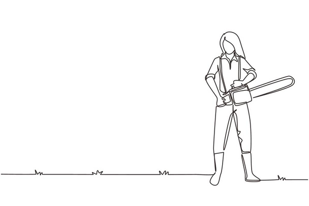 Single continue lijn tekening vrouw houthakker met werkkleding en kettingzaag. Overhemd, jeans, laarzen. Vrouwelijke houthakker poseren op het bos. Een lijn tekening grafisch ontwerp vector illustratie - Vector, afbeelding