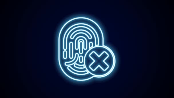 Glowing neon line Cancelled fingerprint icon isolated on black background. Access denied for user concept. Error, fraud. Identification sign. Touch id. 4K Video motion graphic animation. - Footage, Video