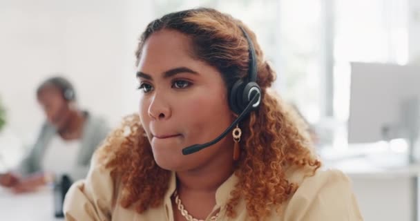 Telemarketing, sales or woman customer service consultant talking on phone call with headset. Communication, crm or call center worker consulting on customer support. Contact us on our help desk line. - Filmati, video
