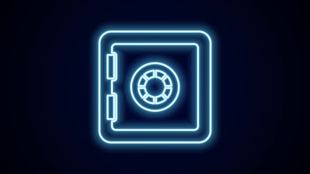 Ragyogó neon vonal Biztonságos ikon elszigetelt fekete háttérrel. Az ajtó széf egy páncélterem kombinációs zárral. Megbízható adatvédelem. 4K Videó mozgás grafikus animáció. - Felvétel, videó
