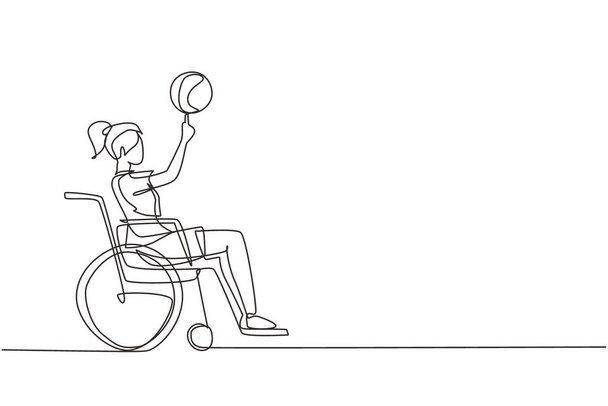 Contínua uma linha desenho bonito menina em cadeira de rodas joga basquete. A pessoa com deficiência gira basquetebol no dedo. Exercício para pessoas com deficiência. Desenho de linha única desenho ilustração vetorial - Vetor, Imagem