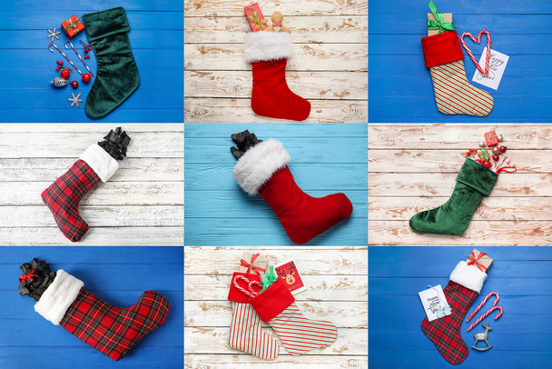 Collage di calzini natalizi con regali su sfondo di legno - Foto, immagini