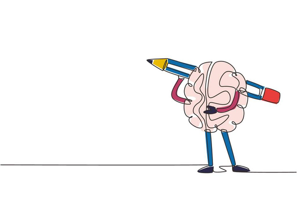 肩に鉛筆を持っている脳の文字を描く連続1行。物語のロゴ、作家のアイコン。執筆技術の概念の訓練。単線画設計ベクトル - ベクター画像