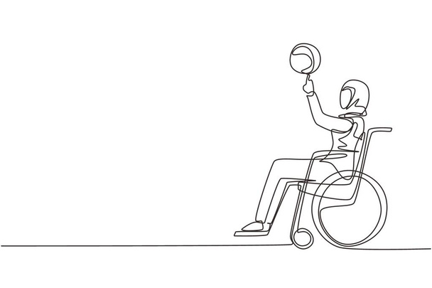 Dibujo continuo de una línea chica árabe en silla de ruedas juega baloncesto. La persona con discapacidad hace girar el baloncesto en su dedo. Ejercicio para personas con discapacidad. Ilustración vectorial de diseño de línea única - Vector, imagen