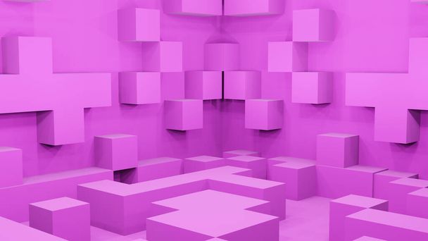 ピンクの壁からランダム化されたピンクボックスが押し出しられています(3Dレンダリング)) - 写真・画像