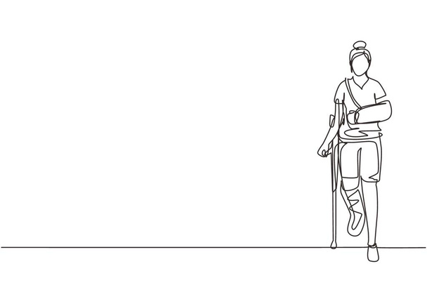 Single continuous line drawing injured woman having head bandage, broken ankle, wrist cast walking with crutch, and medical plaster on leg and arm. One line draw graphic design vector illustration - Vector, Image